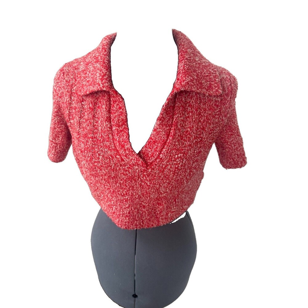 Urban Outfitter UO Sz M Red  Andrea Cropped Collared Short Sleeve Sweater